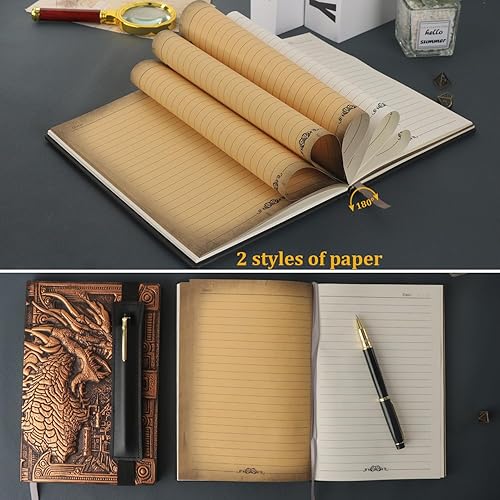 Miniatura 4 de FEIDIAO 2 cuadernos de cuero con relieve vintage, cuaderno DND, diario de viaje con 2 bolígrafos y 2 fundas para bolígrafos, diario A5 hecho a mano,