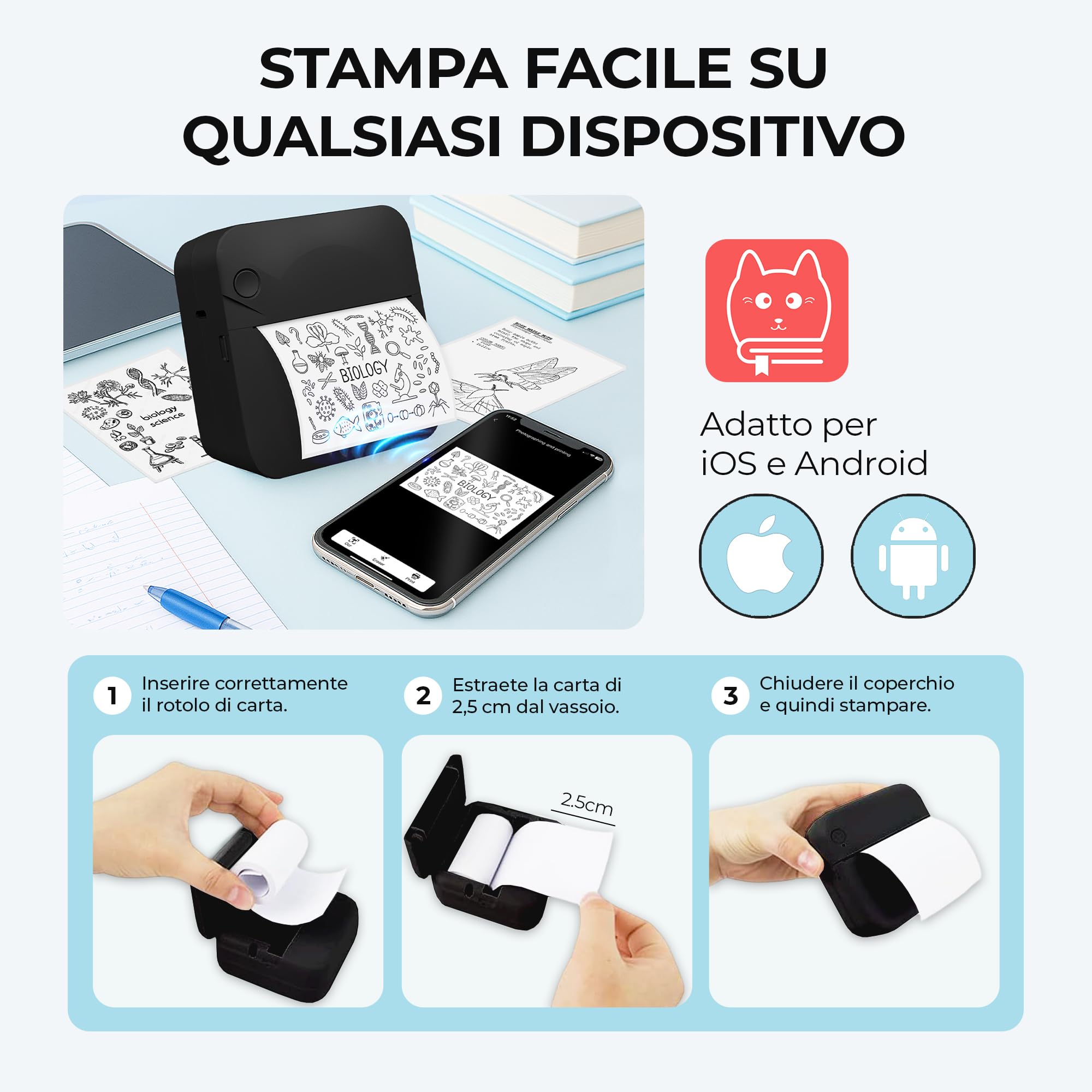AgoDeo Mini stampante per smartphone – Mini Printer – Include 1 custodia rigida + 13 rotoli (adesivi, normali e colori) + 5 penne – stampante adesiva per studio, note, immagini, foto, diari (Nero)