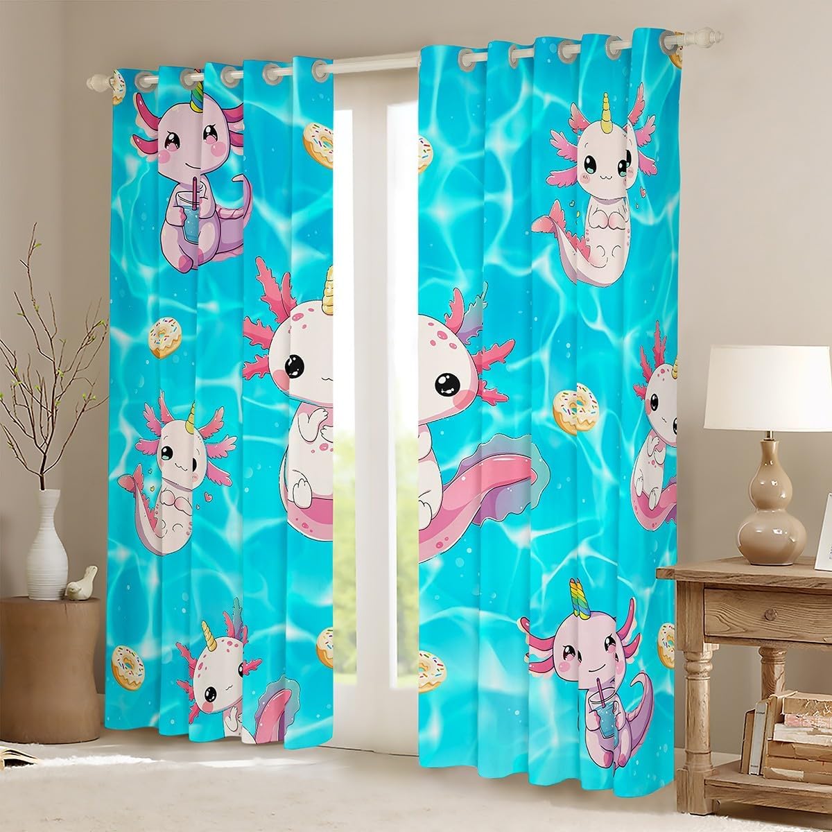 Castle Fairy Pink Cute Axolotl Window Curtains,Cute Wildlife Animal Window Drapes for Kids Teens Men,Doughnut Pattern Window Treatments Grommet Top 2 Panel Set,52Wx90L inch