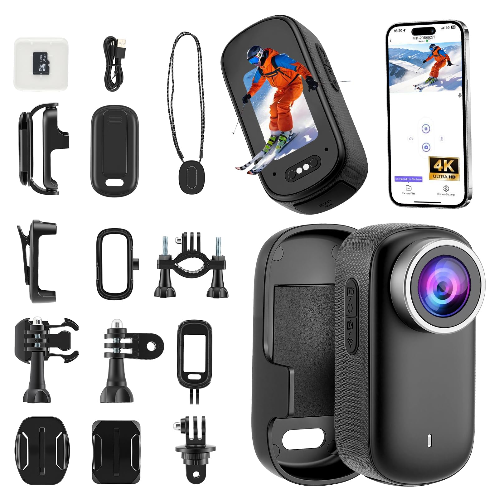 4K Action Kamera Mini Bodycam 180° Drehbarer Bildschirm Magnetische Freihändig POV Kamera 64GB Karte 30m Wasserdicht Unterwasserkamera