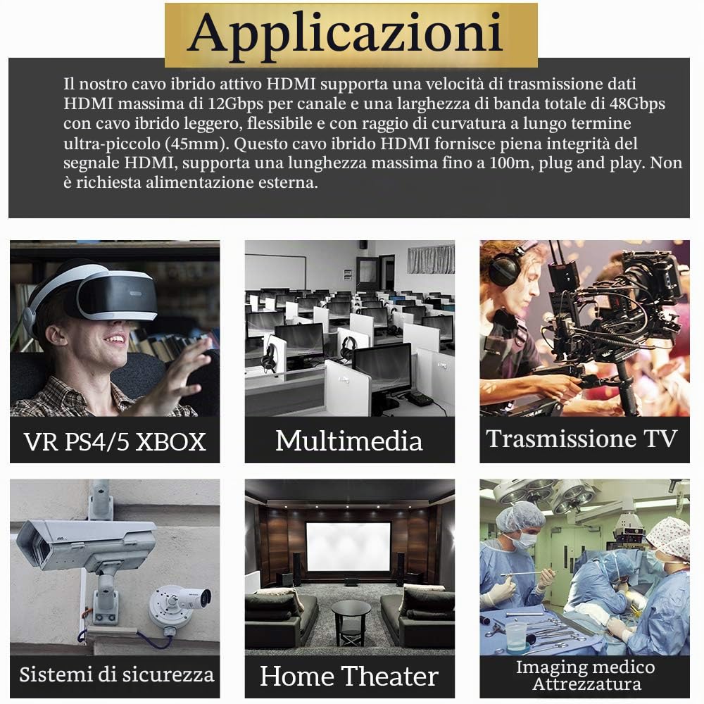 phoossno Cavo HDMI 2.1 in fibra ottica certificata Gen 2 ad altissima velocità 48G 33 piedi 10m HDR eARC HDCP2.2 2.3 Supporto 4K 120 Hz 8K60 Hz Compatibile con PS5 RTX3080/3090/LG C9/B9