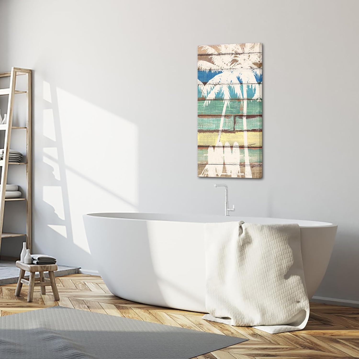 KREATIVE ARTS Canvas Print Wall Art Tropical Palm Tree Island on Wood Panels Nature Wilderness Surfboard Beach Painting Coastal Picture Digital Art Realism Chic for Living Room 20x40 Inches