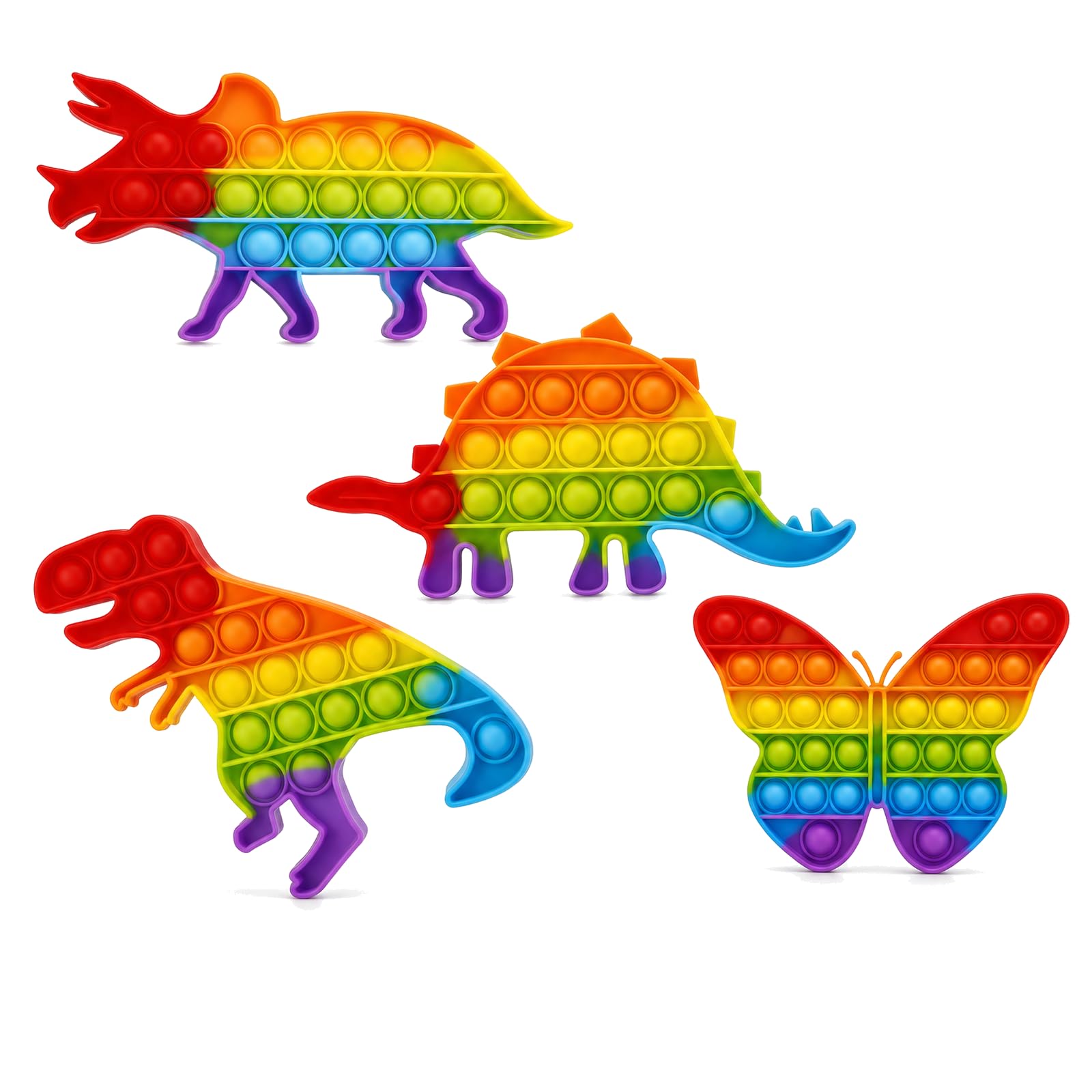 4 Piece Pop It Fidget Set with Rainbow Animal and Butterfly Shapes