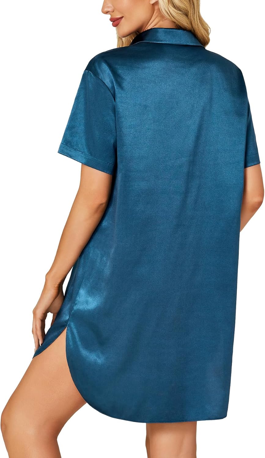 LYANER Women's Satin Nightgown V Neck Short Sleeve Silk Nightshirt Button Down Pajamas Dress Boyfriend Sleepshirt - Image 5