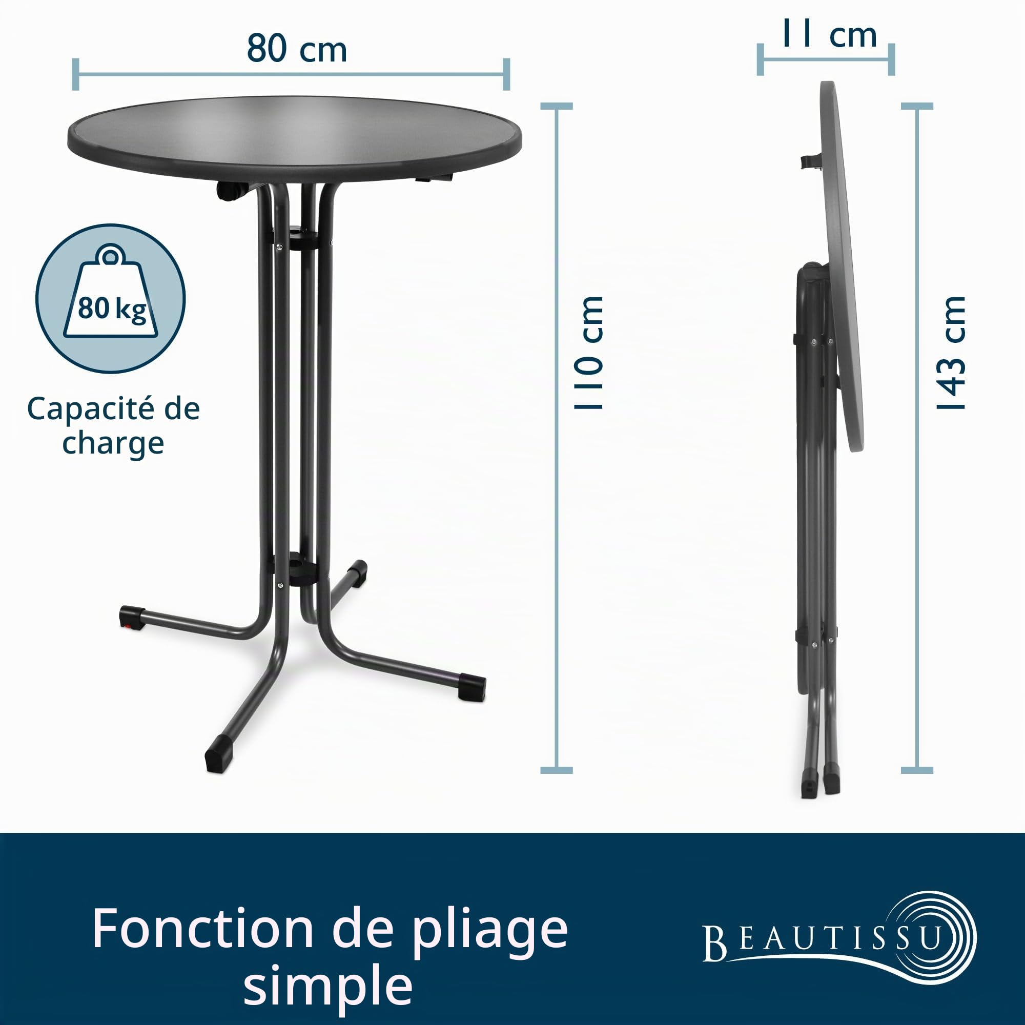 Beautissu Table bistrot Haute Pliante Outdoor Pied réglable en Hauteur
