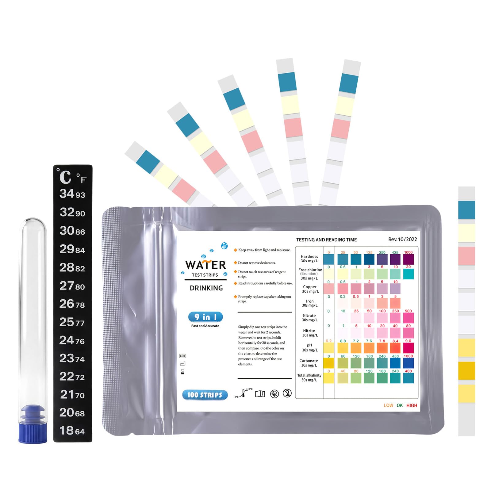 9-in-1 Aquarium Test Strips, 100PCS Fish Tank Water Test Kit for Carbonate Hardness Nitrate Nitrite Free Chlorine Iron Total Alkalinity Ph Copper, for Pools Pond, with Test Tube and Dropper Included