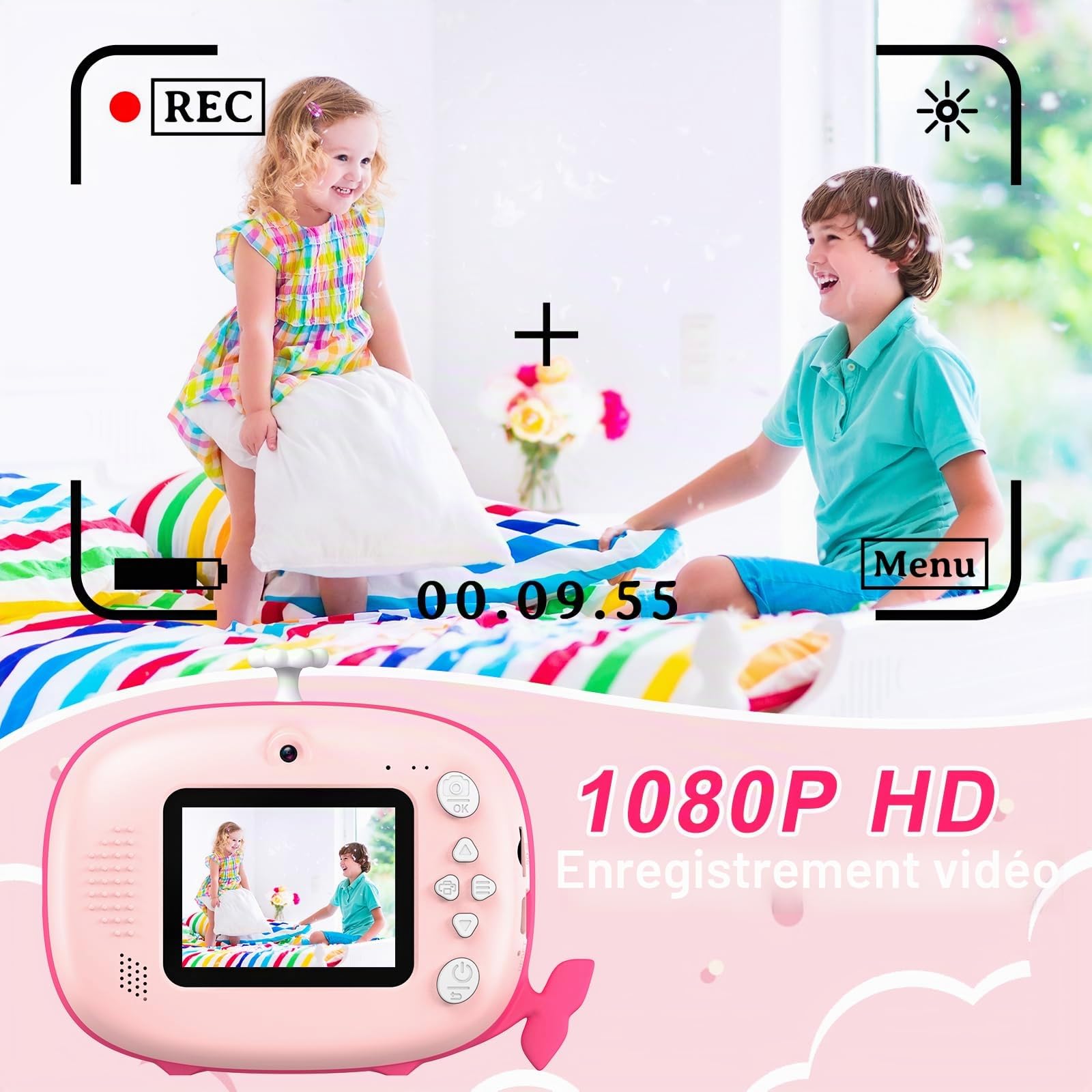 Ushining Appareil Photo à Impression Instantanée pour Enfants, 1080P Appareil Photo Numérique Enfant avec Écran de 2,4 Pouces Papier d'impression Carte TF 32 Go, Cadeau pour Filles Garçons 3-14 Ans