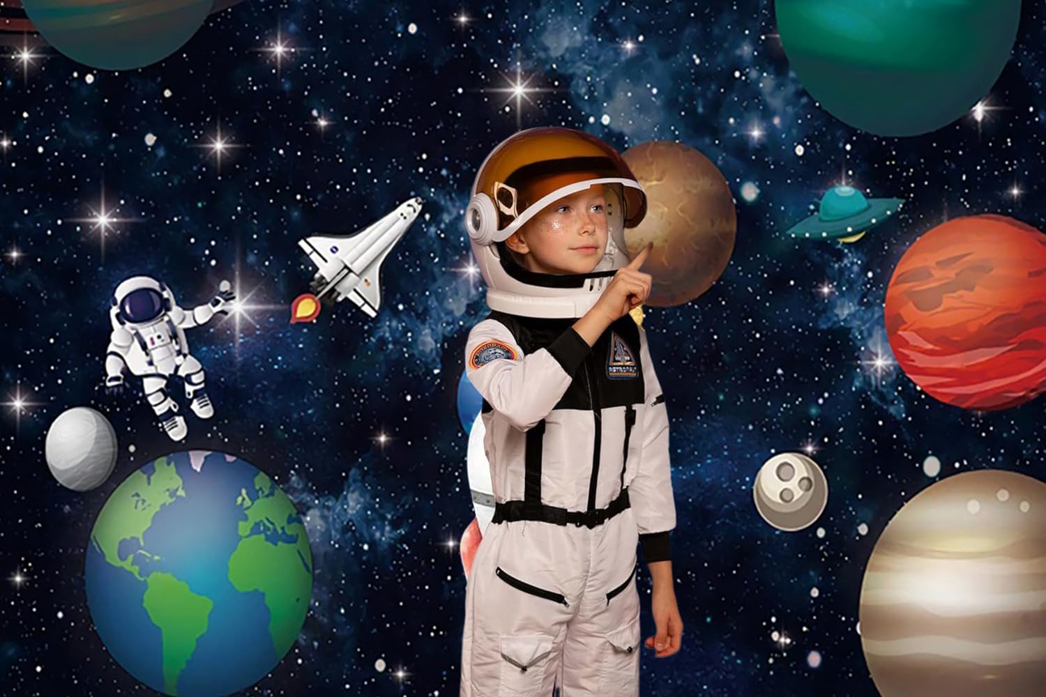 2.1x1.5m Sfondo Spazio Universo Pianeta Stella Galassia Astronauta Razzo Fotografia Sfondo Bambini Ragazzi Ragazze Feste di Compleanno Decorazioni Banner Photo Booth Props