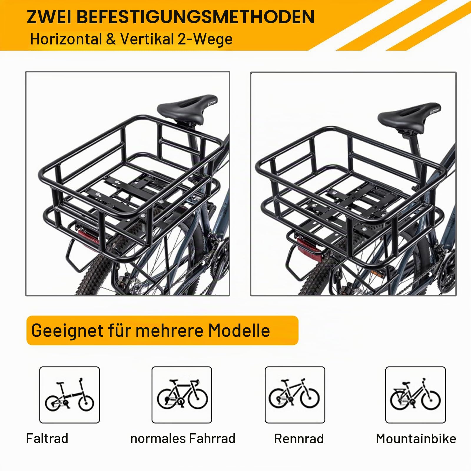 Fahrradkorb Hinten Groß Mit Regenschutz, Großer Fahrrad Korb aus Metall Hinten, Fahrradkorb Schulranzen Hinten, mit Cargo Netz und Liner, Passend für die Meisten Fahrräder und E-Bikes