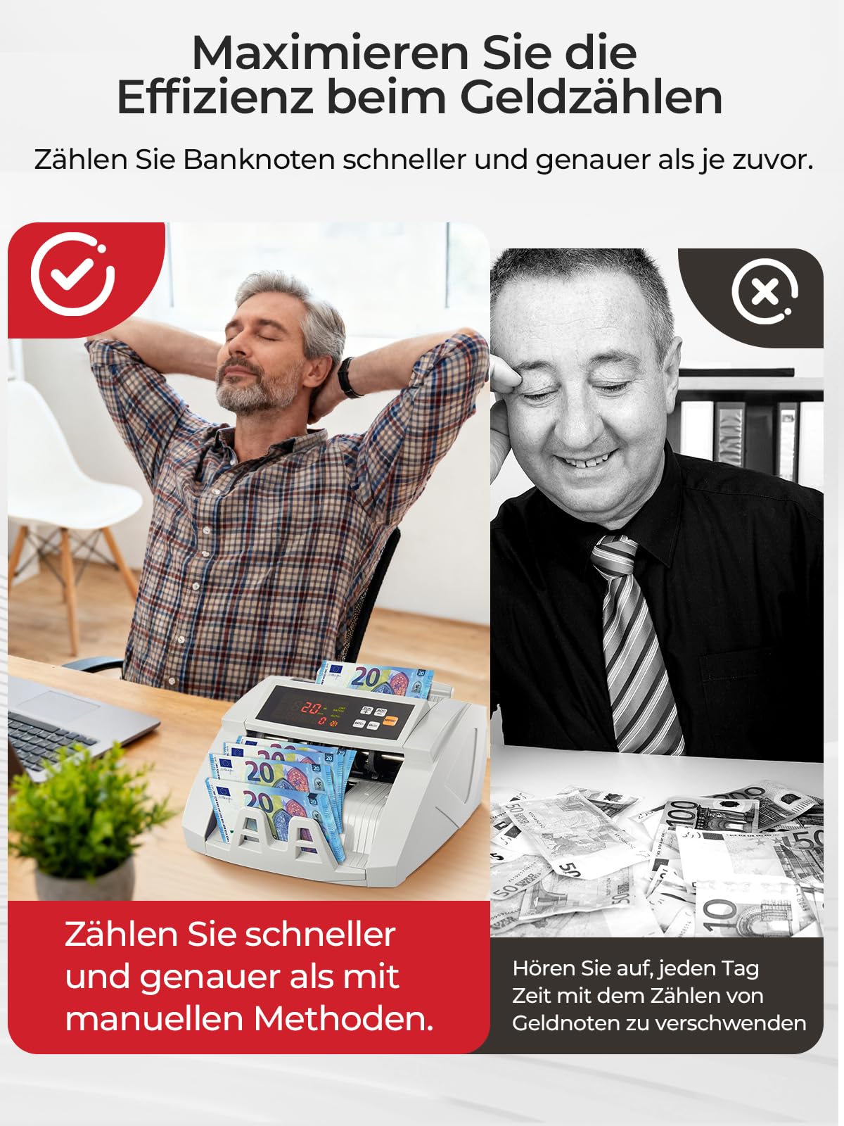 FOHERE Geldzählmaschine, Professioneller Geldzähler mit UV/MG/IR/DD Fälschungserkennung, 1100 Banknoten/Minute, LCD-Display, Wert- und Batch-Modus für Geschäfte, Banken und Restaurants