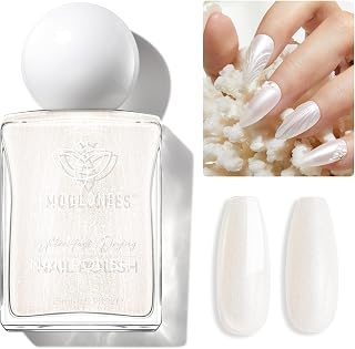modelones Pearl White Nail Polish, Shimmer Glitter White 15 ml Quick Dry Nail Lacquer Strengthener Long Last Shine Fingernail Toe Nail Art DIY Home Travel Manicure Gift for Women Girls 0.5 Fl Oz
