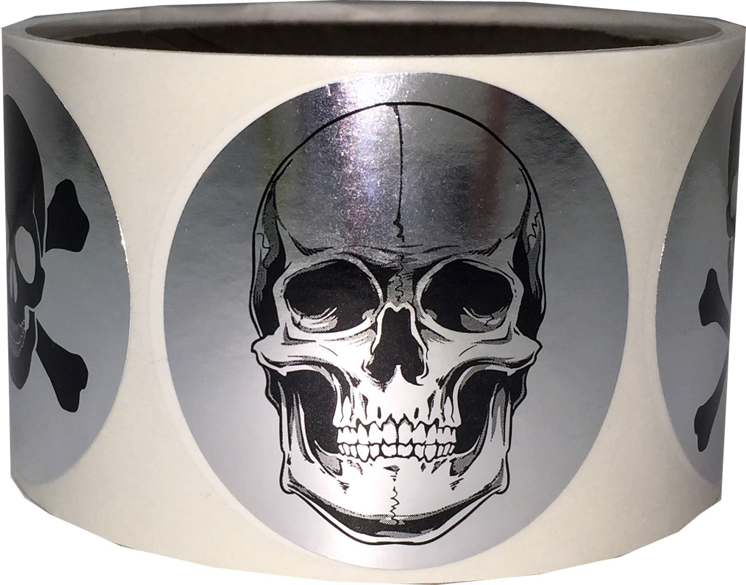 InStockLabels.com Silver Skull and Crossbones Circle Dot Stickers, 2 Inch Round, 100 Labels on a Roll