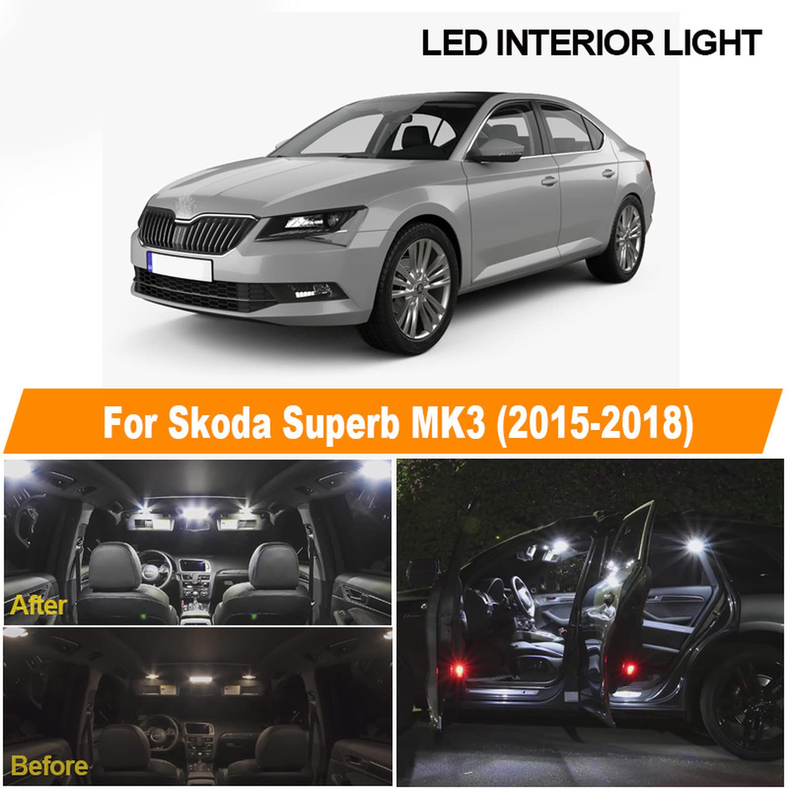 23 pièces Blanc Canbus Lampe à LED intérieur dôme Carte lumières Kit Ampoule, pour Skoda Superb MK 3 MKIII berline 2015-2018 Plaque d'immatriculation lumière