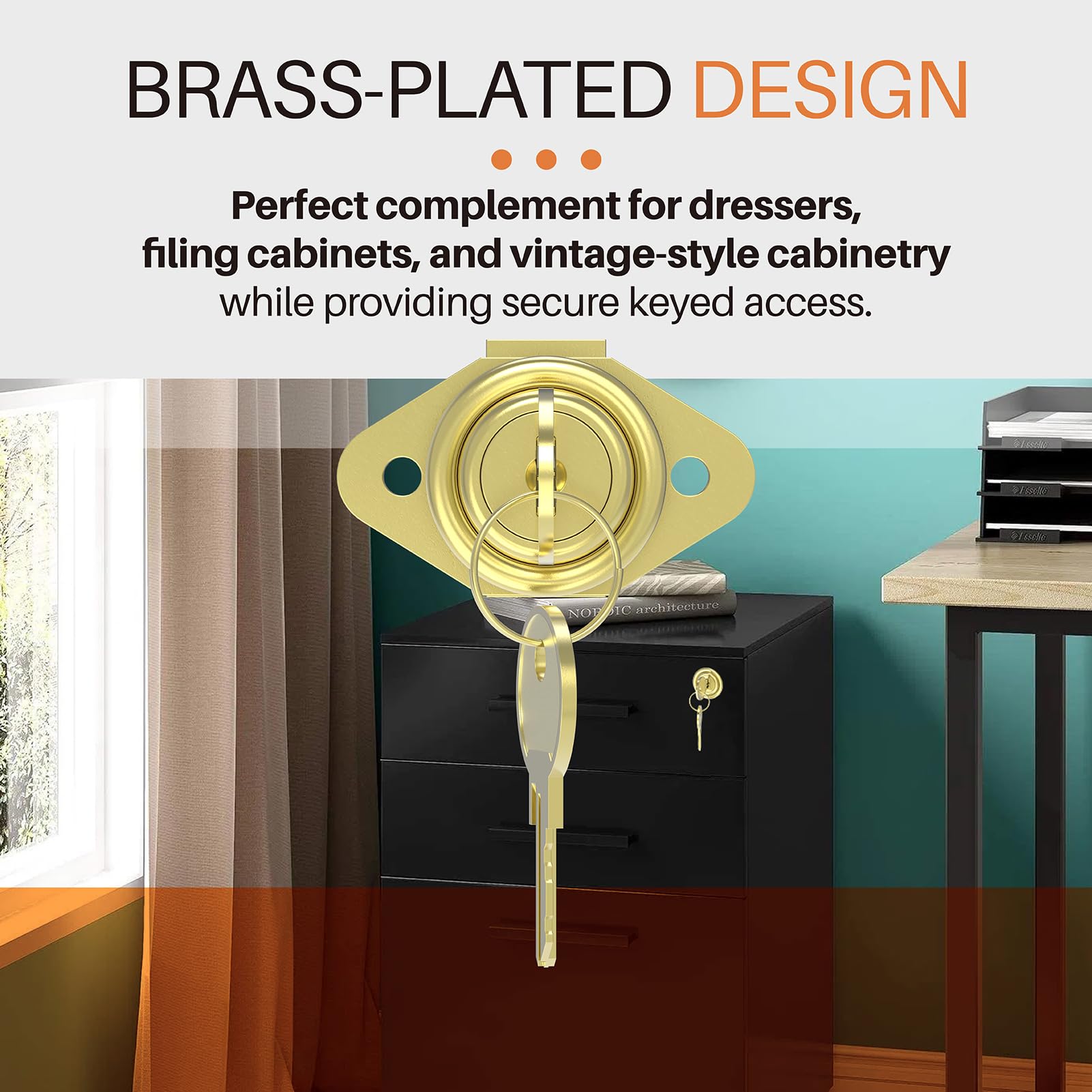 U 9947 Drawer Lock Replacement – Gold Brass-Plated Cabinet Lock With Keys, Fits 7/8 Inch Max Panel Thickness For File Cabinets, Desk Drawers & Wood Lockers
