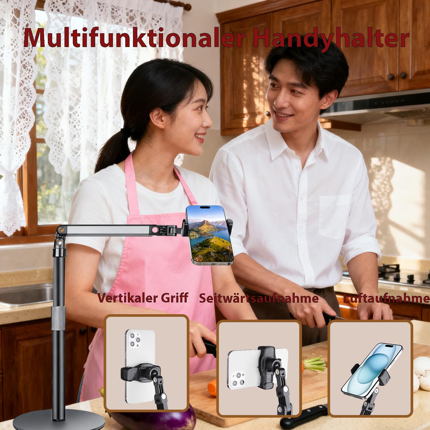 Handyhalterung Tisch,360° Schwenkbarer Handy Ständer Schreibtisch,Höhenverstellbar Handyhalter,Handy Halterung Tisch mit Stabilem Sockel,Phone Ständer für die Fotografie,Meetings (Schwarz)