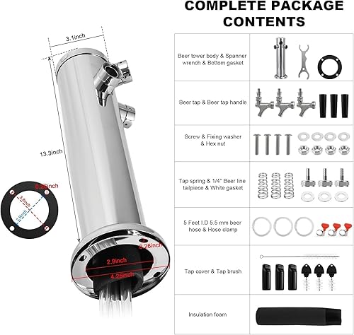 Miniatura 3 de Dbgogo Torre de cerveza de triple grifo, torre de preparación de brida de acero inoxidable de 3 pulgadas, dispensador de grifo de cierre automático,