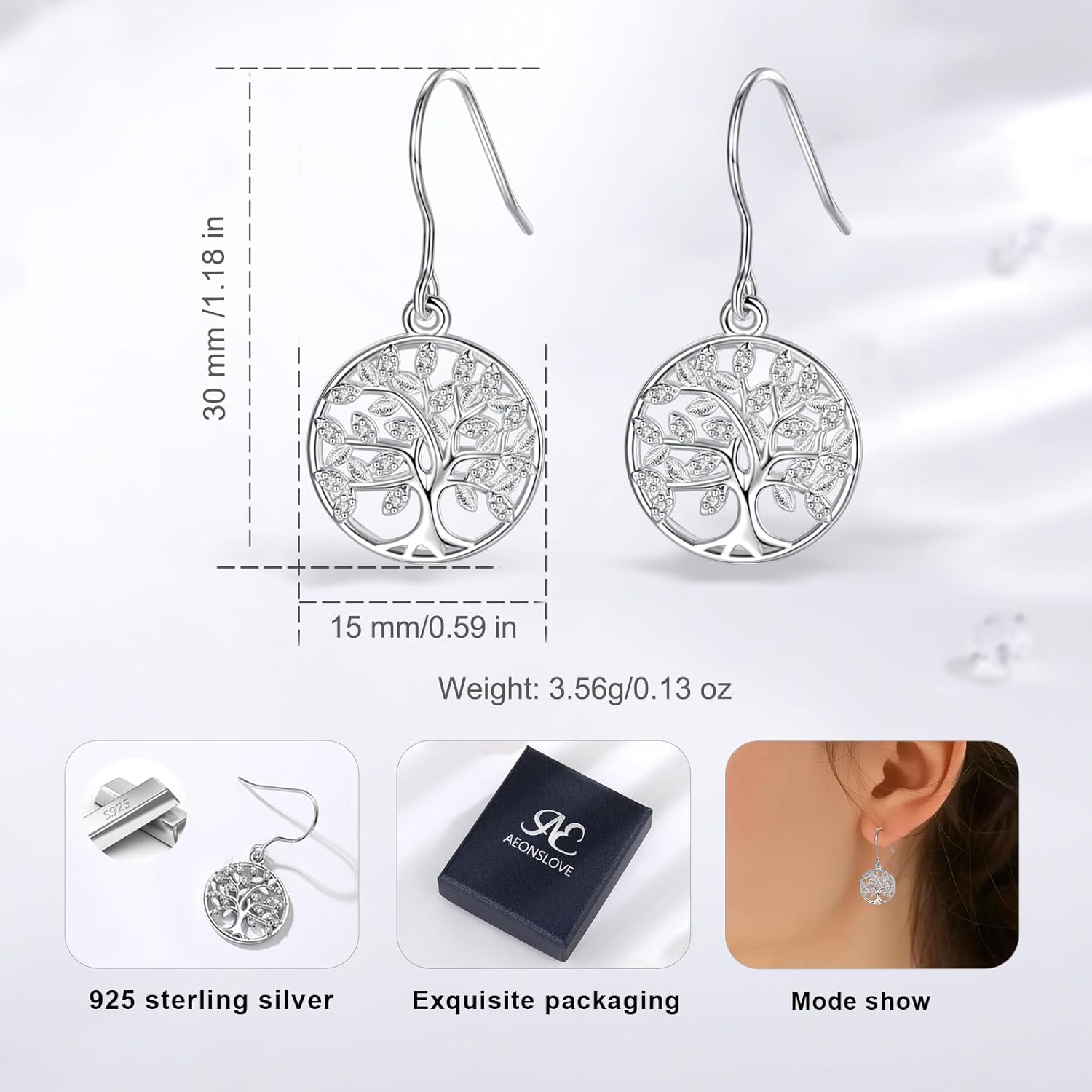 AEONSLOVE Tree of Life Earrings for Women, 925 Sterling Silver Family Tree Dangle Earrings Gifts for Women Mother Daughter Wife - Image 6