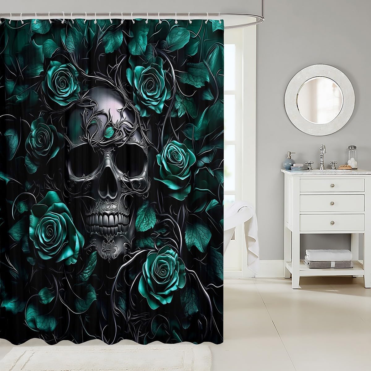 Erosebridal Sugar Skull Shower Curtain,Turquoise Rose Floral Bathroom Shower Curtain Sets,Gothic Skeleton Fabric Shower Curtain,Exothic Hippie Horror Waterproof Bathroom Curtains,72" Wx84 L