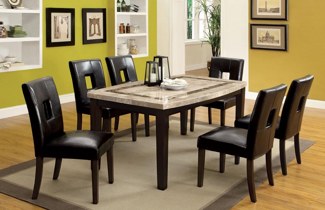 7 Pc. Lisbon II contemporary style dark walnut finish wood oval edge marble top dining table with an accented border color