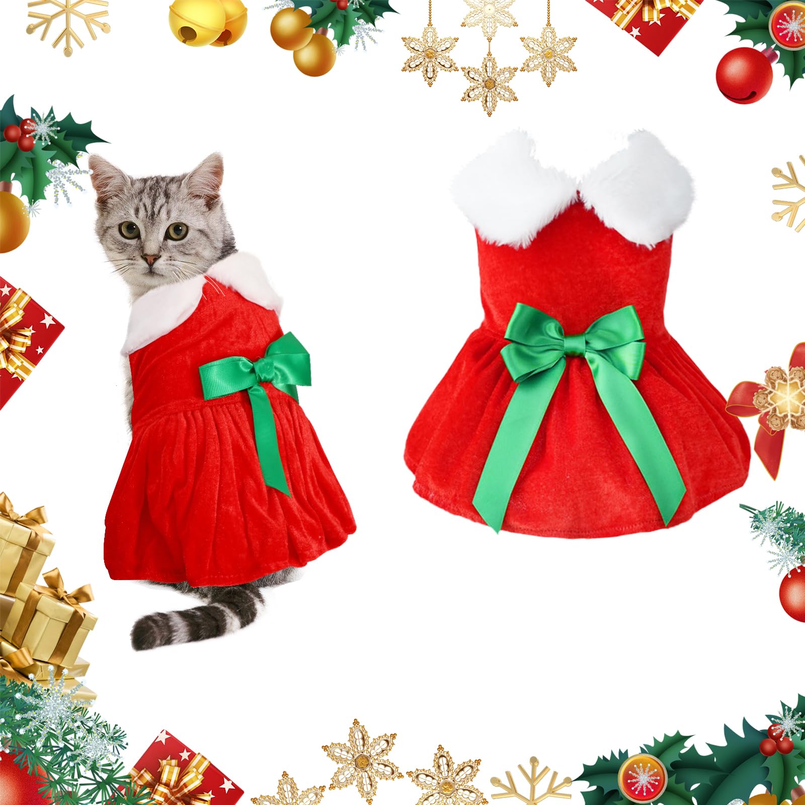 Cute Pet Christmas Costume, Girl Dog Christmas Holiday Dress with Fur Collar