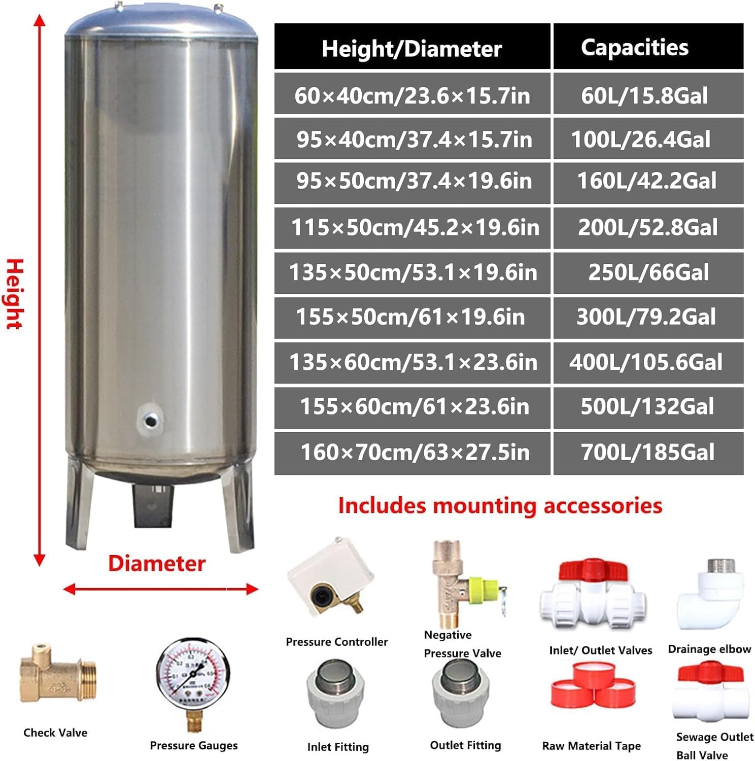 Low Profile Large Well Pressure Tank Kits, Vertical 304 Stainless Steel Water Pressure Tank,for Well Systems Well Tanks, for Kitchen/Shower/Toilet/Garden(Size:(155x60cm/61x23in) 500L/132Gal)