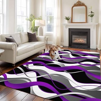 6x9 Area Rug for Living Room, Purple Black Grey Moire Non-Slip Floor Mat Rugs for Bedroom Dining Room, Abstract Modern Geometric Lines Indoor Large Carpet for Classroom, Nursery Rugs for Playroom