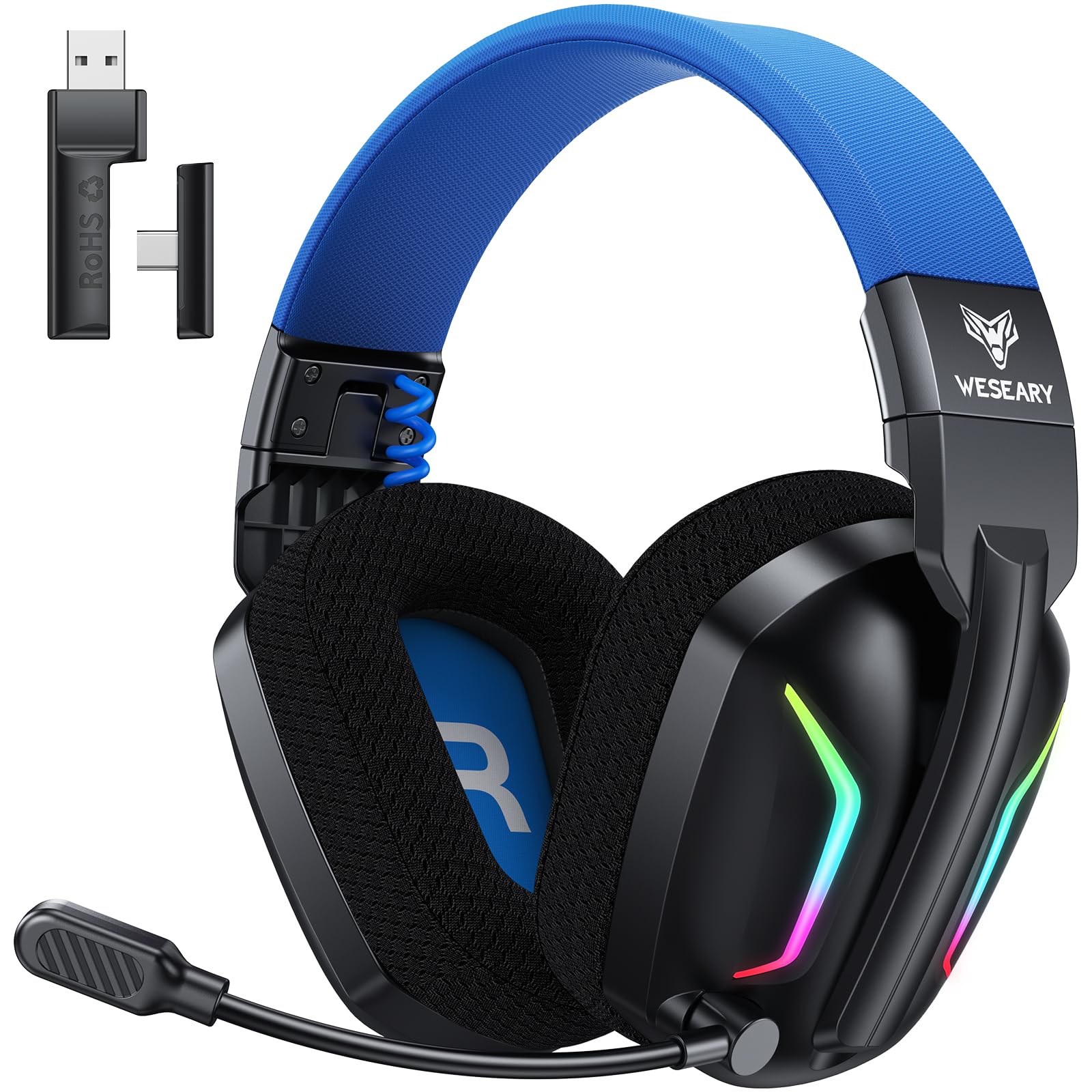WESEARY Auriculares inalámbricos para Juegos con micrófono para PS5, PS4, PC, Switch, teléfono móvil, Mac, portátil, 2,4 GHz y Auriculares Bluetooth con micrófono con cancelación de Ruido, batería de