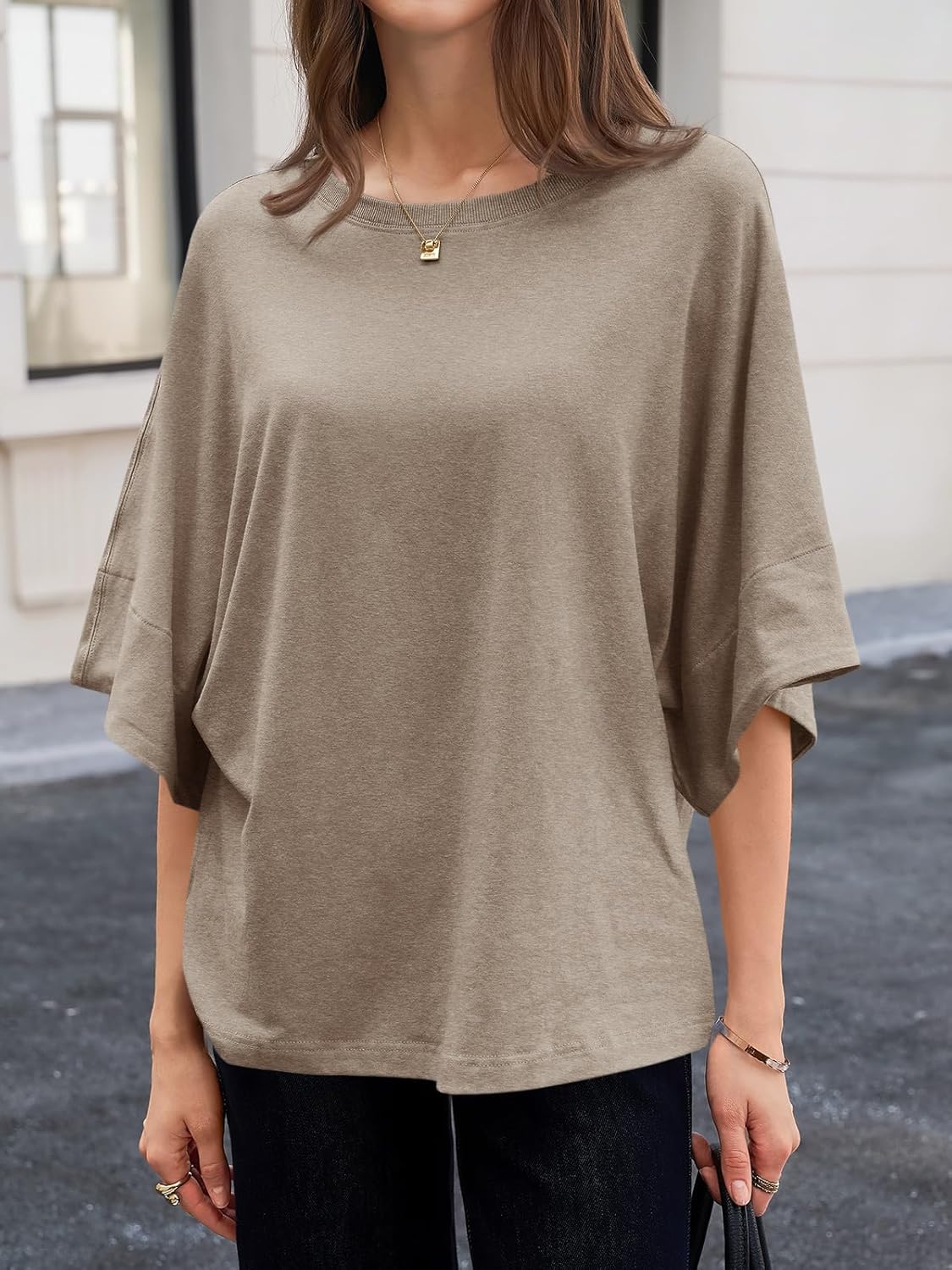 Cicy Bell Womens Oversized Half Sleeve T-Shirts Summer Casual Crew Neck Tshirt Loose Fit Side Slit Tee Tops - Image 3