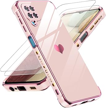 LeYi for Samsung Galaxy A12 Phone case with Tempered Glass Screen Protector [2 Pcs]+ Full Camera Lens Protection, Plating Love Heart Luxury Cute Soft TPU Protective Case for Samsung A 12, Pink
