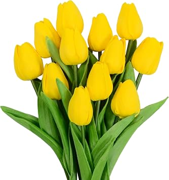 Eternal Blossom 12pcs Yellow Tulips Artificial Flowers, 13.4" PU Flowers Fake Tulips for Spring Mothers Day Easter ValentineS Day Gifts in Home Kitchen Wedding Dining Table Decorations