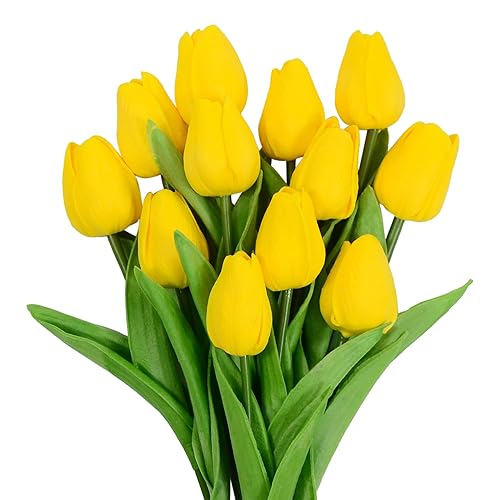 Eternal Blossom 12pcs Yellow Tulips Artificial Flowers, 13.4" PU Flowers