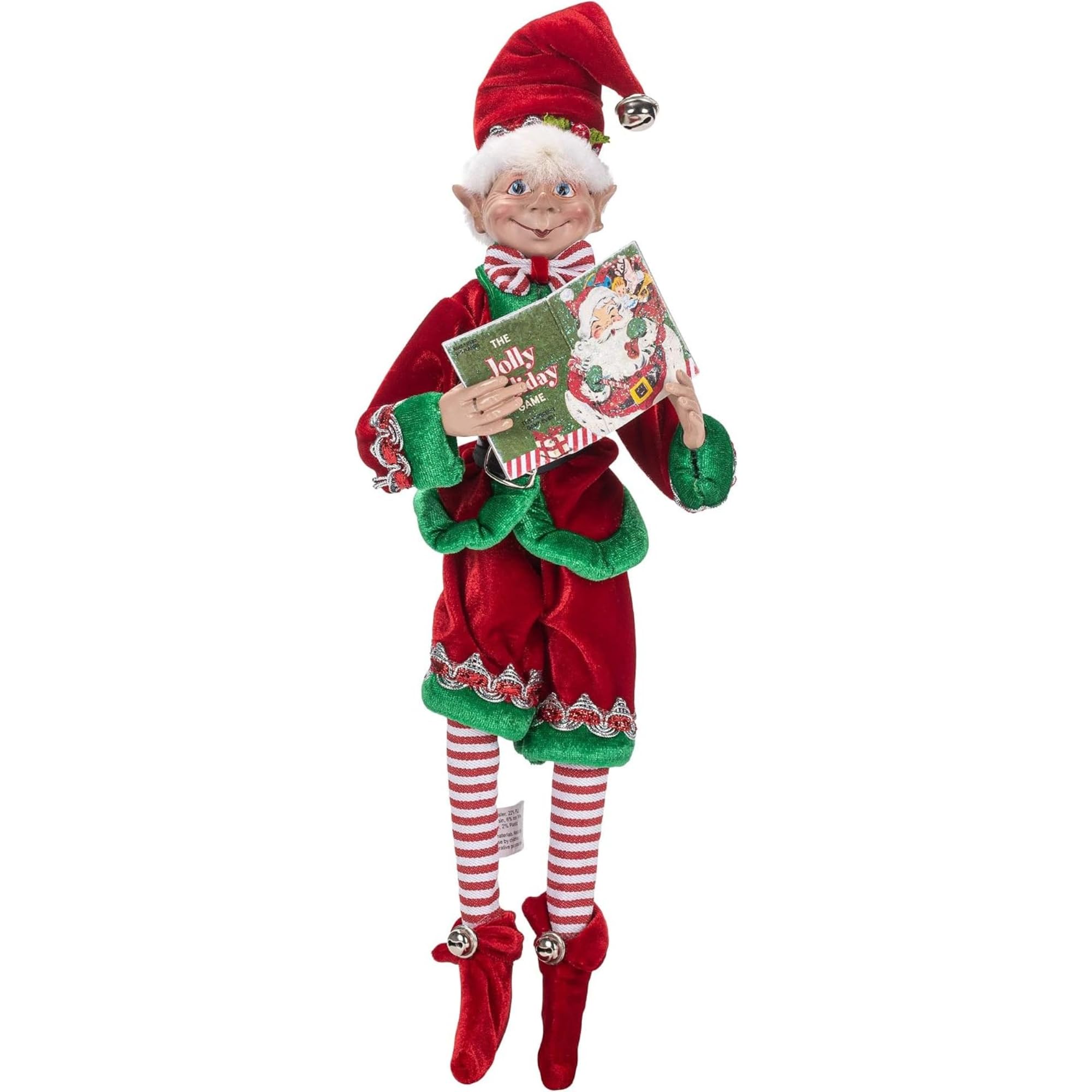 RAZ Imports Elfo de Navidad Posable, 16 Pulgadas de Alto, Traje de Terciopelo Rojo y Verde con Libro de Papá Noel, colección navideña de los Juegos de Reno 2019