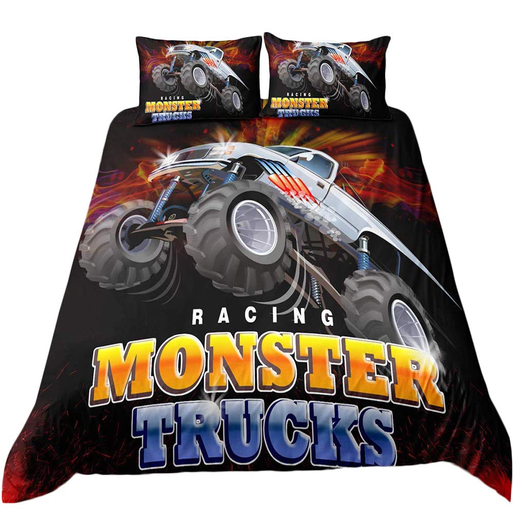 Helehome Monster Truck Duvet Cover Set King Size, Boys Hobby Sports Bedding Set Exotic Automobile Style Image Decorative 3 Piece Bedding Set with 2 Pillow Shams