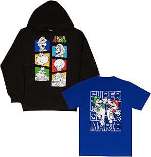 Nintendo Super Mario Boy's Hoodie and T-Shirt 2-Pack, Hooded Sweatshirt and Tee Set (Black/Royal Blue, Size 10/12)