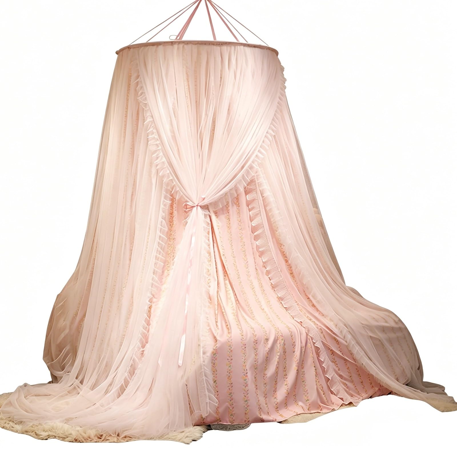 SARKEY Tulle Mesh Round Bed Canopy,Double Layer Princess Rounds Dome Canopys Beds Curtain,Cozy Drape Netting,Large Space,Romantic,Ceiling,for Girls Adults Bedroom Décor
