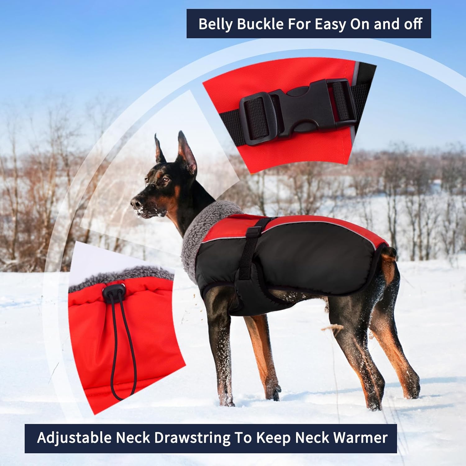 iecoii extra warm reflective adjustable dog jacket - winter coat with buckle fleece turtleneck for small to extra large dogs small(chest:12.6-16.5 in) red