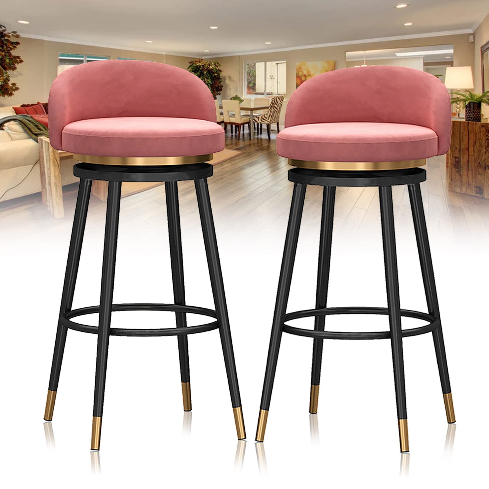 LUUYYI Sedie da bar moderne in velluto, girevoli a 360°, con schienale, per cucina, isola e ristorante, set di 2 (rosa, 1 pezzo)