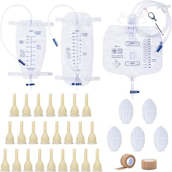External Condom Catheters for Men Overnight, 24 Soft Latex, 750mL & 1000mL Urine Leg Bags, 2000mL Sterile Catheter Bags, 5 Stabilization Devices, 2 Roll Medical Tapes Set for Incontinence Use