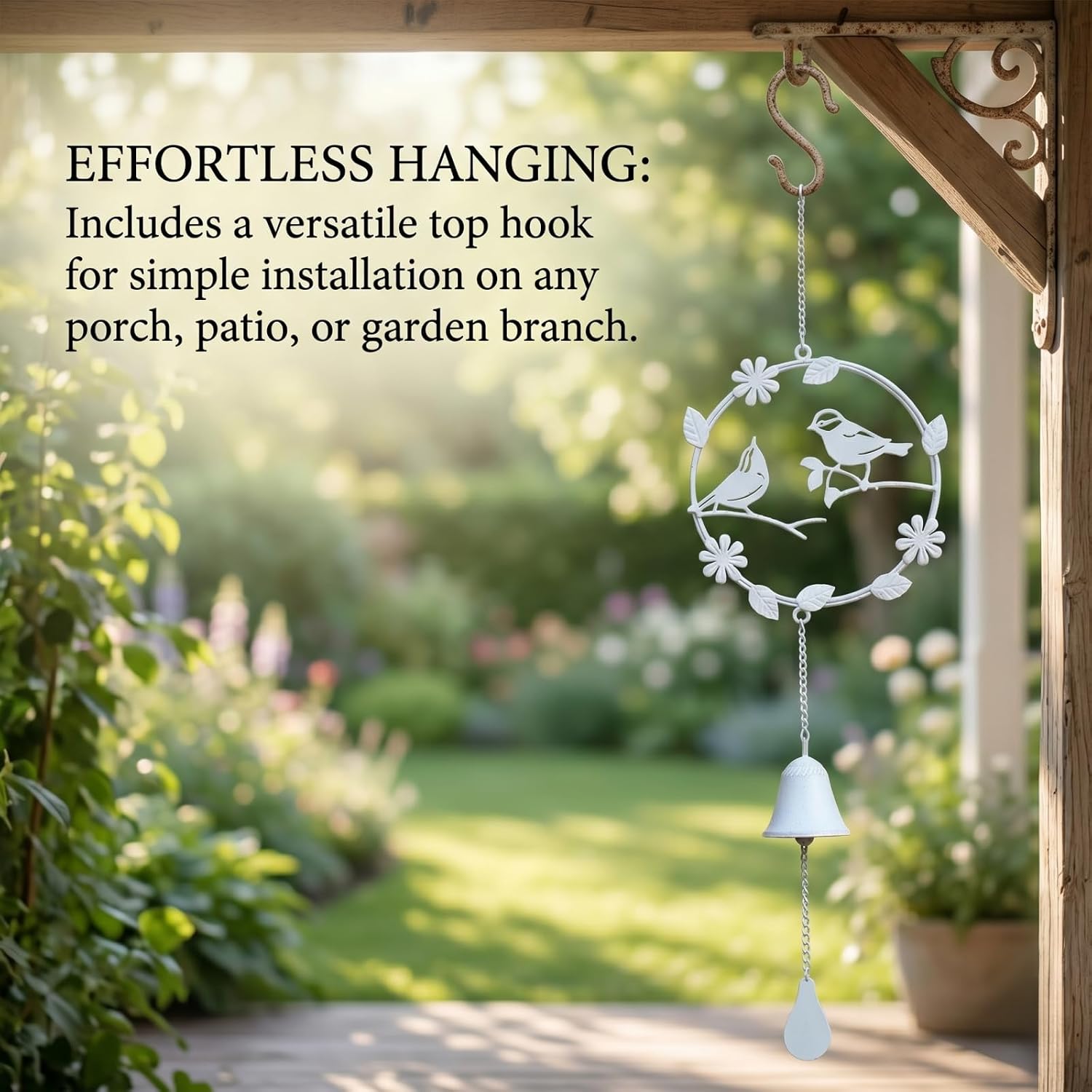 29.5 x 9.1 Inch Hanging Bell - Bird Wind Chimes, Decorative Garden Bells - White Cast Iron