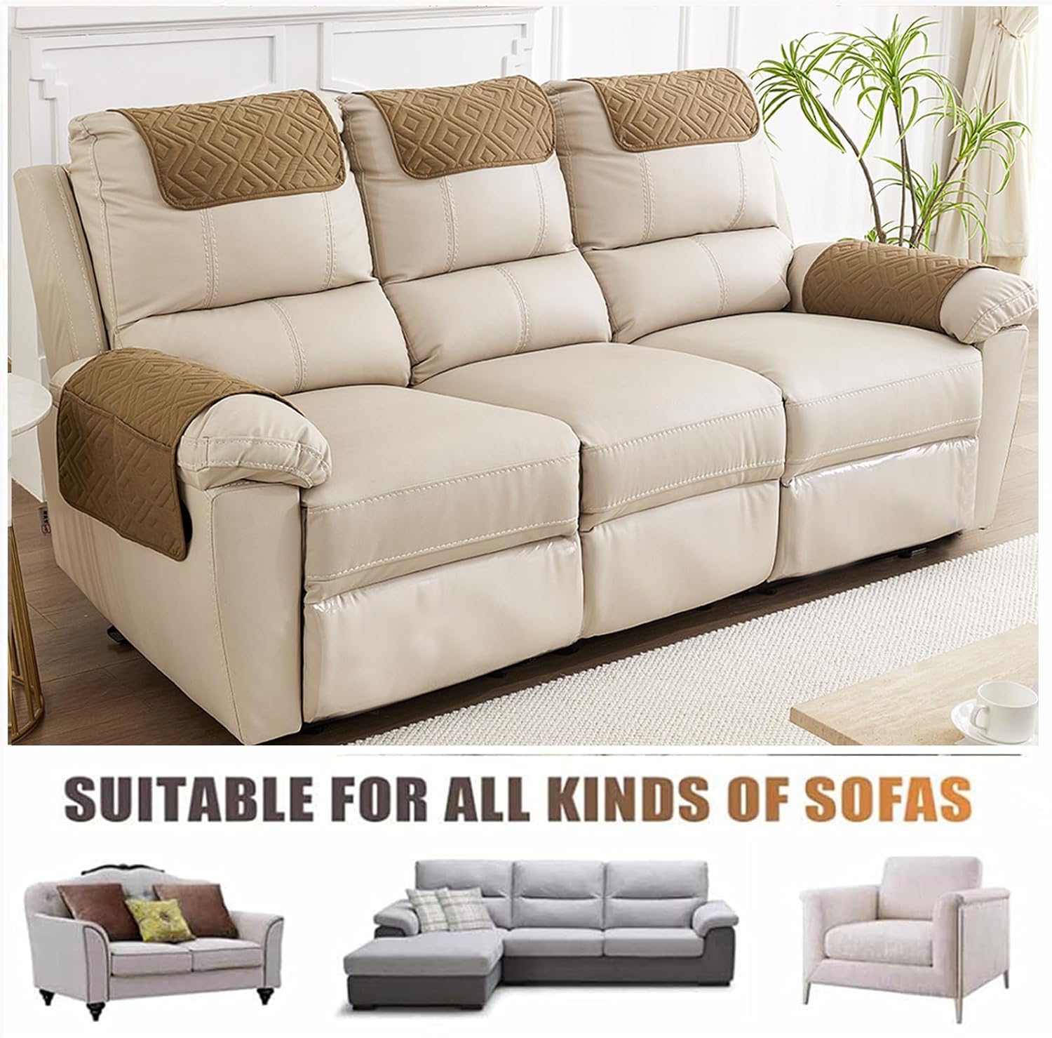 Sofa Armrest Cover, Headrest Cover for Recliner Chair Arm Cover, Armchair Slipcover with Pockets, Nonslip Quilted Furniture Protector for Pets Leather Sofa Couch (Khaki(Style B),3 Seater(5pcs))