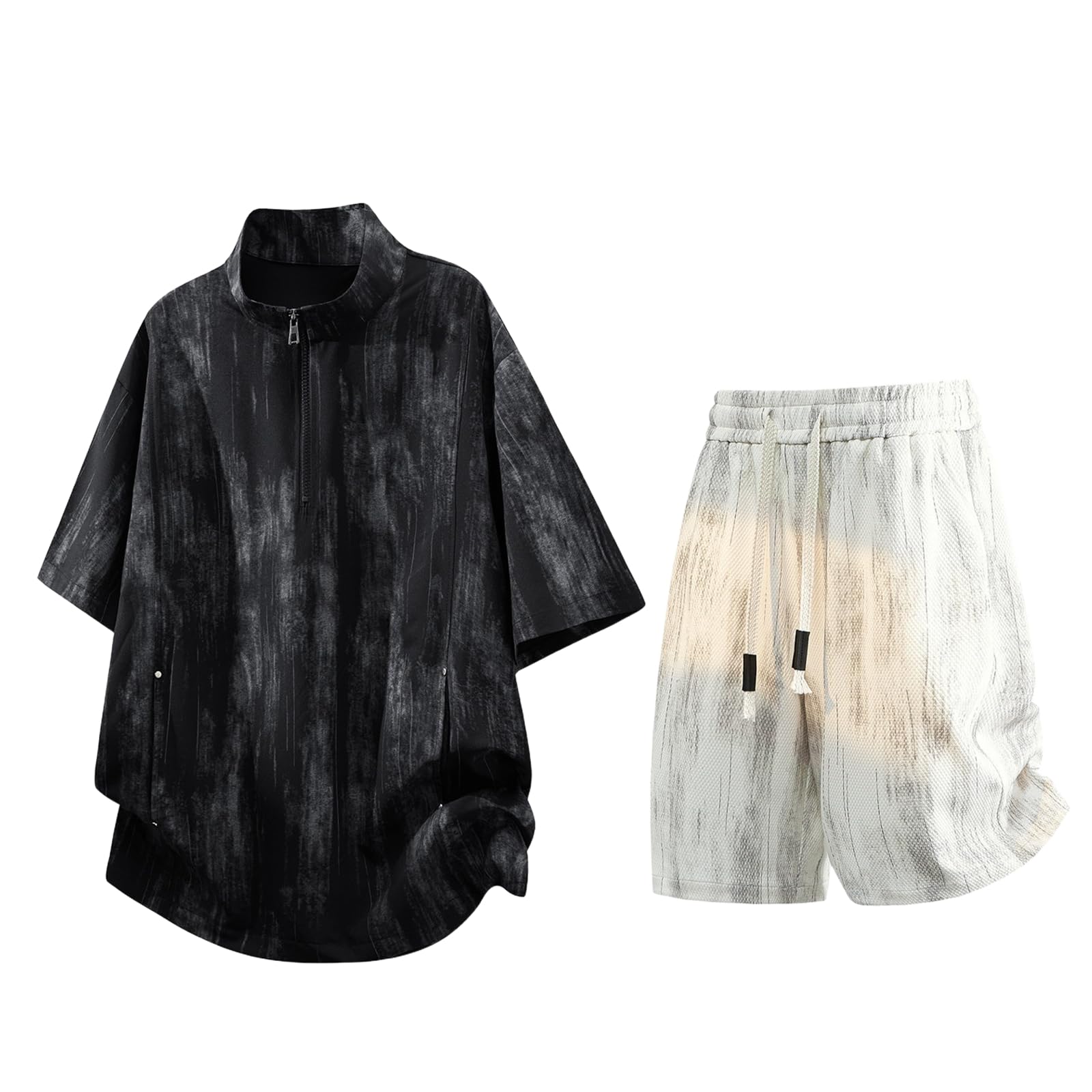 Men's Sport Set Ice Silk Half Zip Short Sleeve T-shirt Shorts Daily Commute Summer-Grey-L