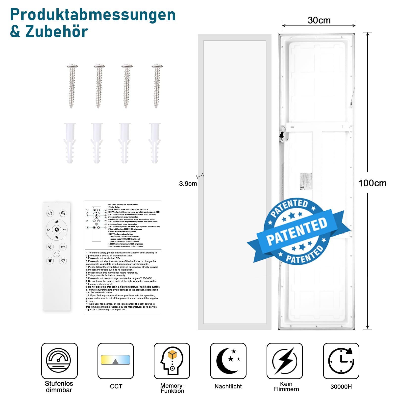 Oraymin Plafoniera a pannello LED Dimmerabile 120x30 cm con telecomando,36W 3960LM Pannello LED soffitto,Funzione di memoria,plafoniera rettangolare LED da 3000K-6500K cucina ufficio garage soggiorno