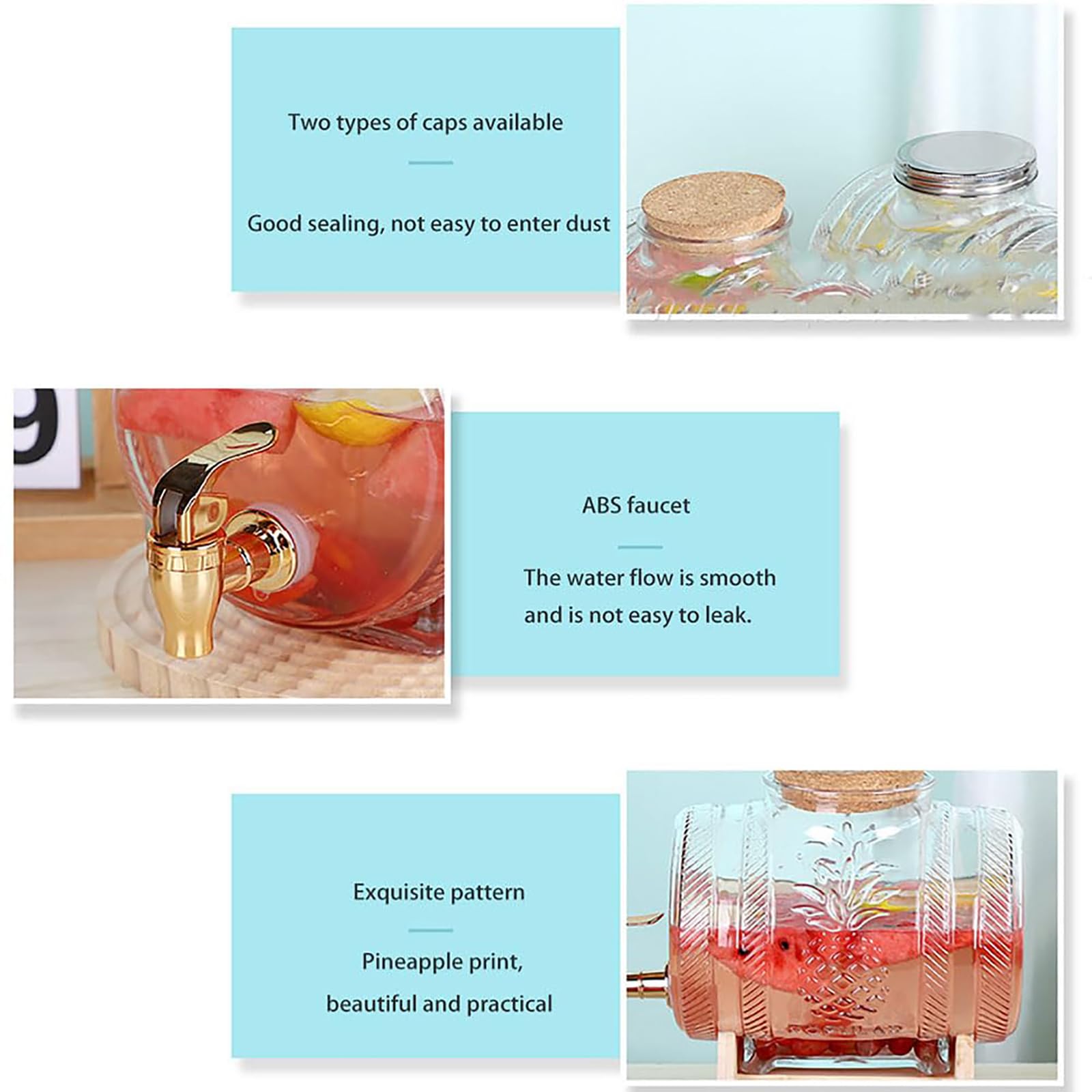 Dispensador de bebidas de vidrio con espiga y soporte de madera, 1L/3L/5L para un fácil llenado, dispensador de bebidas ideal para fiestas y uso diario, diseño de boca ancha