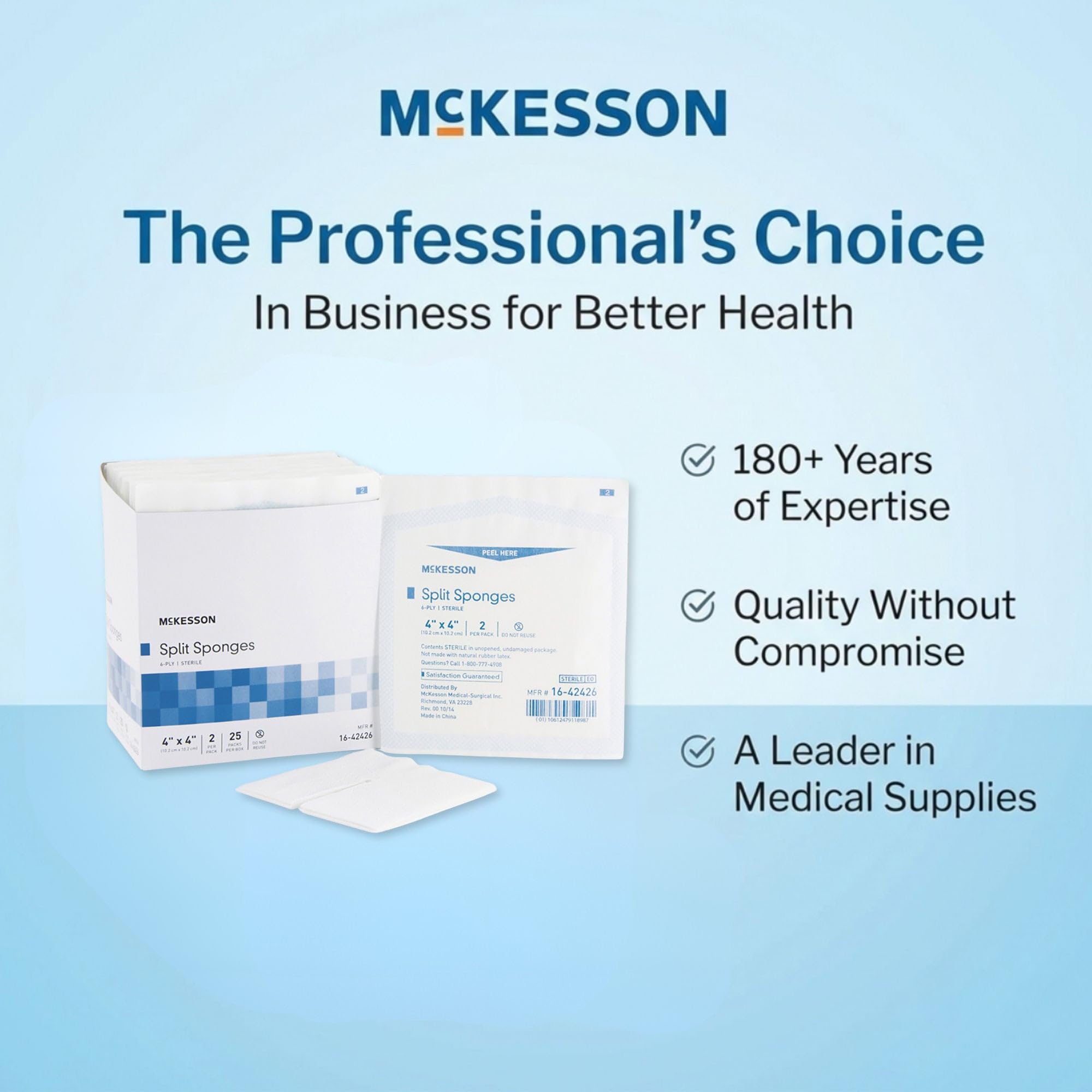 McKesson Esponjas divididas, 6 capas estériles, I.V. y apósitos de traqueostomía, mezcla de poliéster y rayón, 4 x 4 pulgadas, 2 por paquete, 300 paquetes, 600 en total
