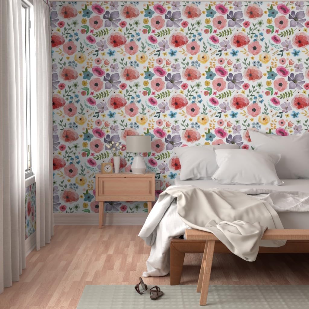 Peel & Stick Wallpaper 3ft x 2ft - Floral Fiesta Flowers Bright Red Blue Yellow Boho Custom Removable Wallpaper by Spoonflower