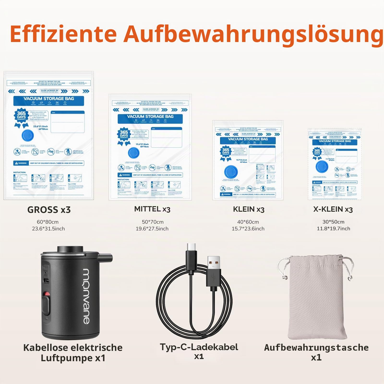 MONVANE Vakuumbeutel für Kleidung mit kabellose elektrischer Pumpe, Vakuum Bags 12 Stück（3*60*80cm + 3*50*70cm + 3*40*60cm + 3*30*50cm)— Vakuumbeutel für Reisen, Bettdecken, Decken, Kissen, Bettwäsche