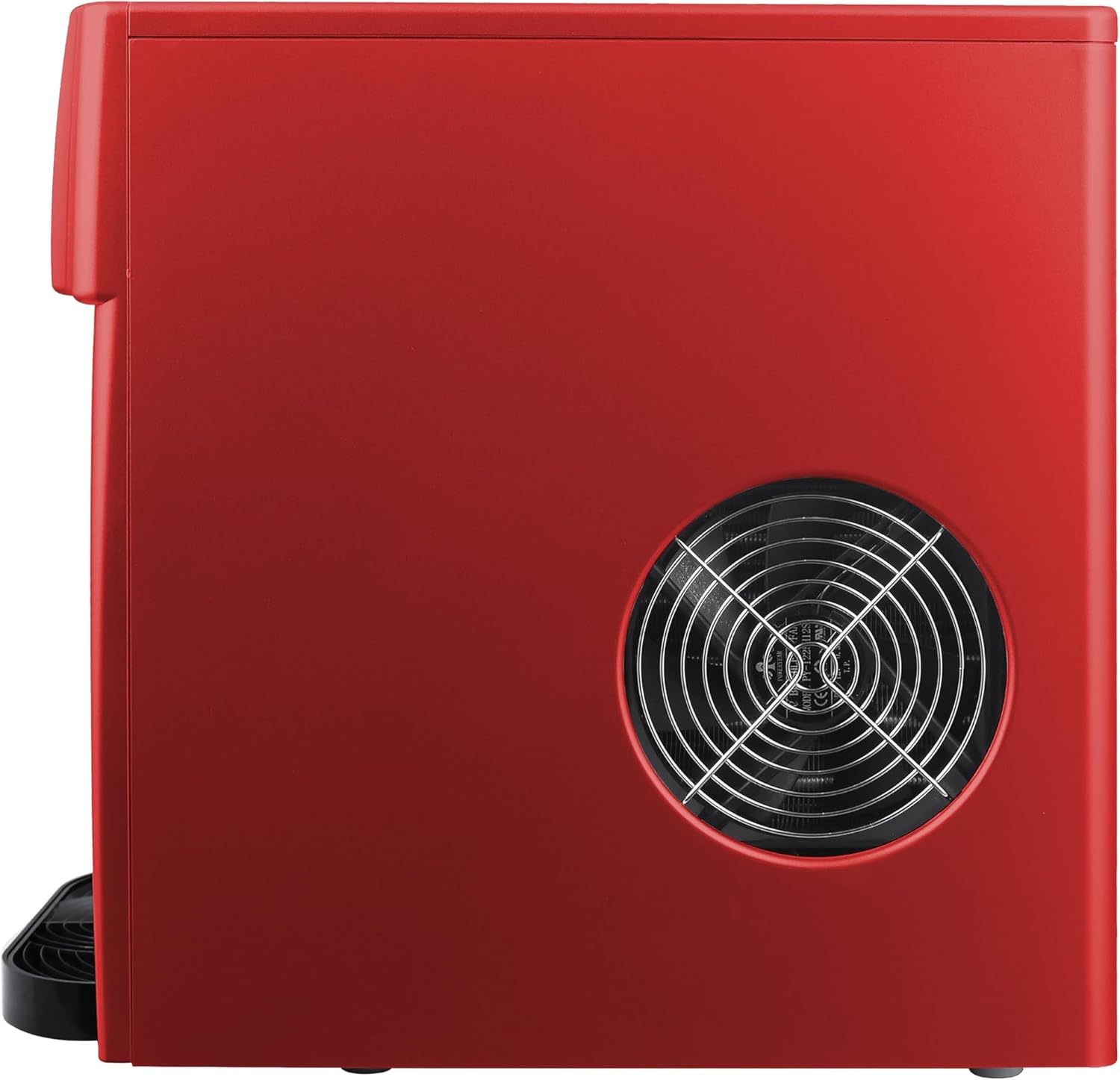 Side view of the red Frigidaire EFIC227-RED ice maker and water dispenser, showing the circular air vent.