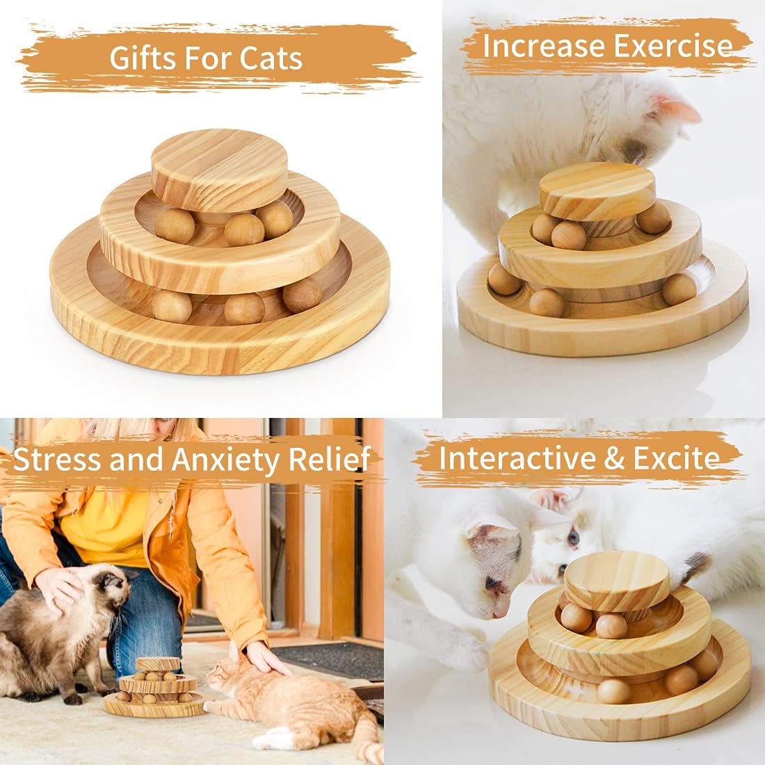 Cat Toys Wooden, Cat Supplies Funny Roller Double Layer Track Turntable with Bell Ball Cat Tower Toy for Kitten Toy