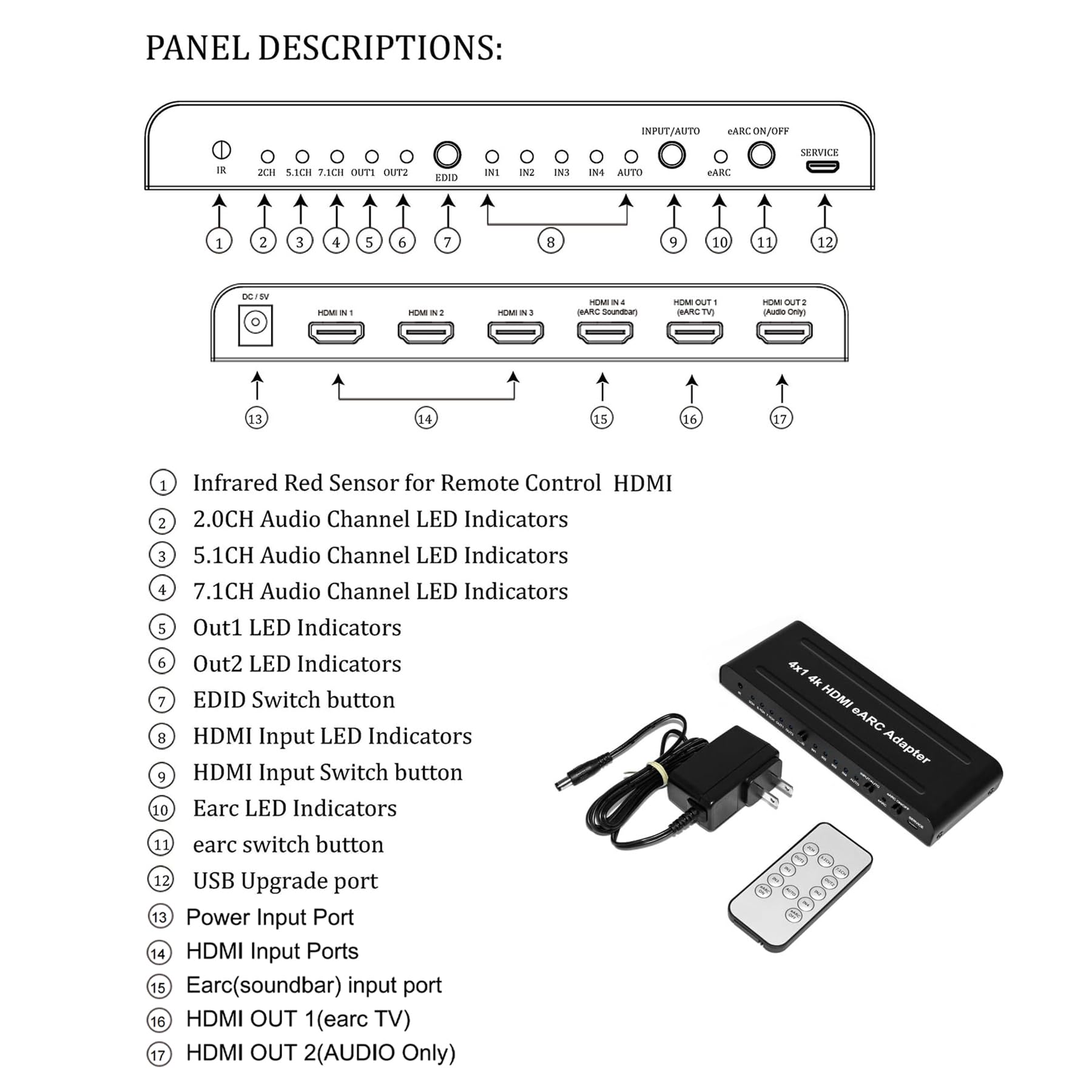 4x1 HDMI eARC Audio Extractor Switch 4K @ 60Hz, HDMI 2.0b 18Gbps, Dolby Atmos DTS Audio Converter, HDR10+ Dolby Vision Pass Through, compatibile con Sonos Arc, Bose Soundbar e ricevitore AV (401)