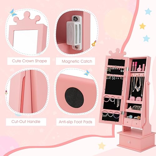 Vista 3 de Costzon Armario de joyería para niños, organizador de joyas de pie de 45 pulgadas con espejo de longitud completa, 3 cajones de almacenamiento